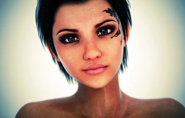 Eyes, look, girl, face, rendering, hair, tattoo