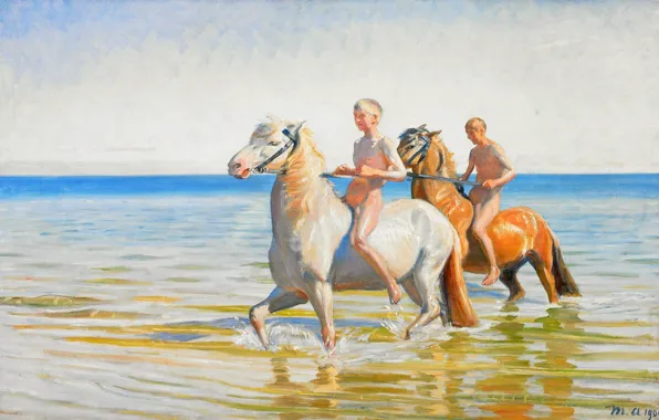 Sea, the sky, horse, picture, boy, bathing, Michael Ancher