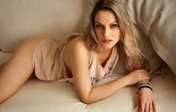 Woman, young, model, blonde, naked, looking, lying, couch