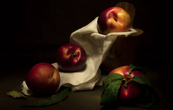 The dark background, dishes, fabric, fruit, still life, nectarines, pesriki