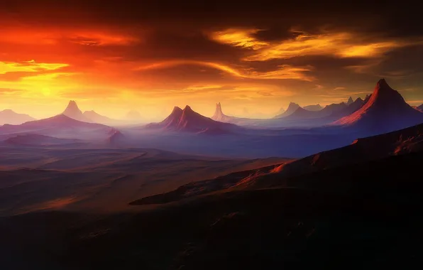 Picture sunset, mountains, planet, Outcast Horizon