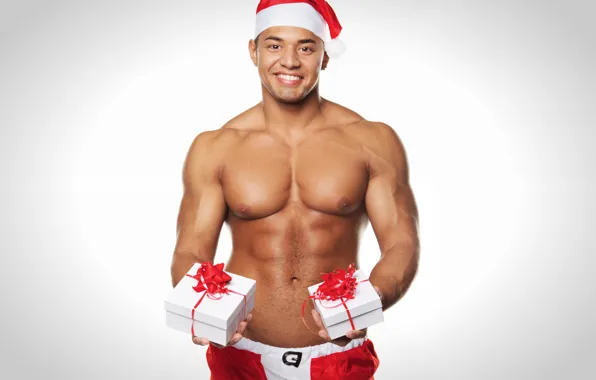 Smile, holiday, hat, body, gifts, guy, Santa, torso