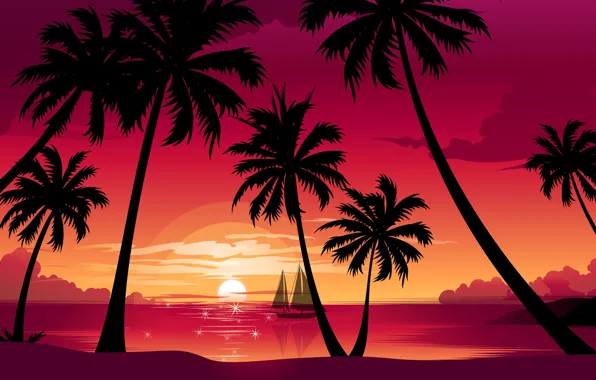 Picture sea, beach, the sun, sunset, nature, palm trees, vector, boat