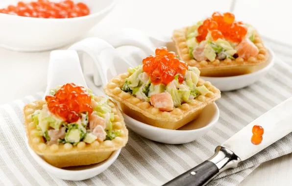Caviar, salad, shrimp, tartlets