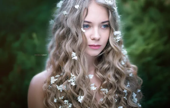 Girl, face, portrait, long hair, flowers, curls, Alexander Drobkov-Light, Lily Fingerless