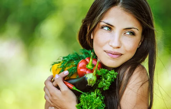 Picture greens, look, girl, smile, eggplant, brown hair, vegetables, red pepper
