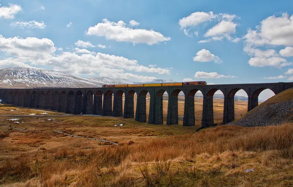 The sky, clouds, mountains, train, valley, viaduct