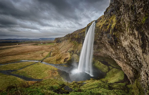 Picture the sky, clouds, rock, open, waterfall, Iceland