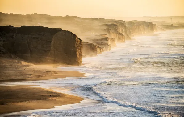 Sea, landscape, nature, fog, rocks, shore, morning