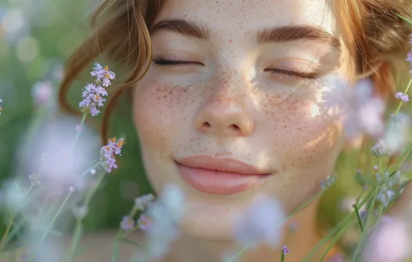 Flowers, Girl, Smile, Face, Red, Freckles, Digital art, Closeup