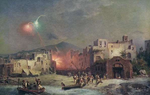 Picture Home, Beach, People, Boats, Picture, Fireworks, Belgian painter, Franz Richard Unterberger