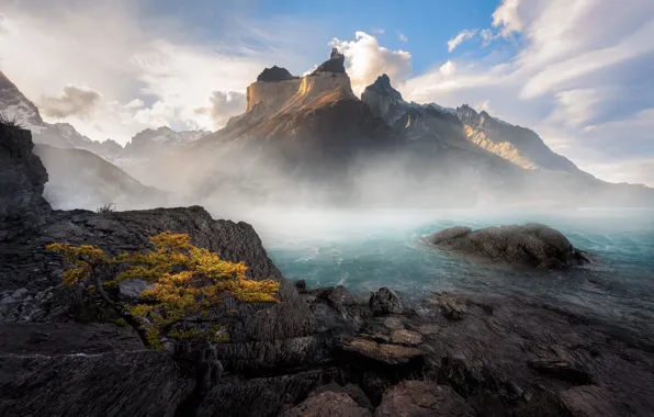Clouds, mountains, fog, stones, rocks, shore, haze, pond