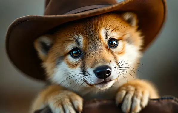 Look, pose, portrait, legs, dog, hat, puppy, bag