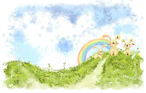 Greens, clouds, figure, rainbow, hill, rabbits, Kawai, heart