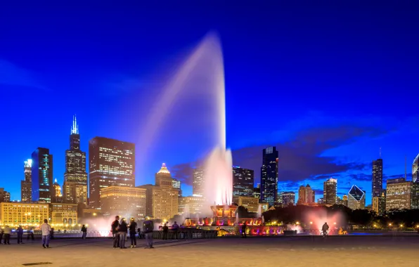 The sky, lights, people, home, the evening, area, Chicago, fountain