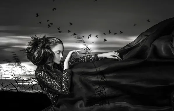 Picture girl, birds, the wind, treatment, Touch of nature
