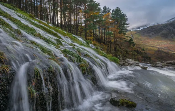 Clouds, trees, mountains, waterfall, cascade, Wales