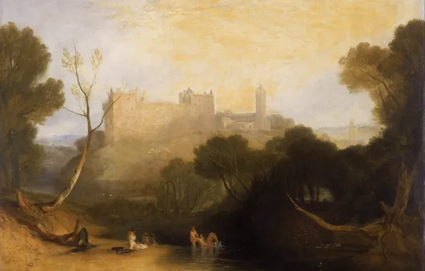Trees, landscape, river, castle, mountain, picture, Scotland, William Turner