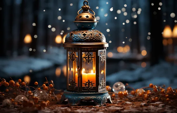 Winter, snow, night, Christmas, lantern, New year, Christmas, night