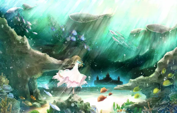 Picture water, girl, light, fish, castle, the ocean, violin, anime