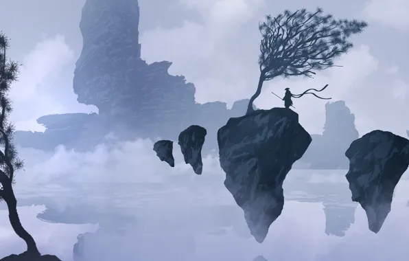 Mountains, Figure, Rocks, Silhouette, Warrior, Landscape, Art, Landscapes