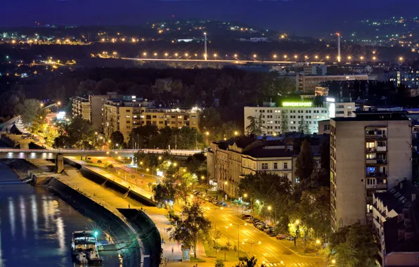 Home, Road, Night, Street, Serbia, River, Novi Sad, Street lights