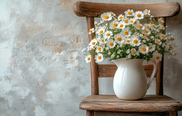 Flowers, wall, chamomile, bouquet, chair, pitcher, AI art, neural network