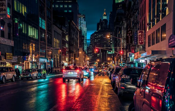 Picture night, lights, street, New York, Manhattan, New-York, Manhattan, Chinatown