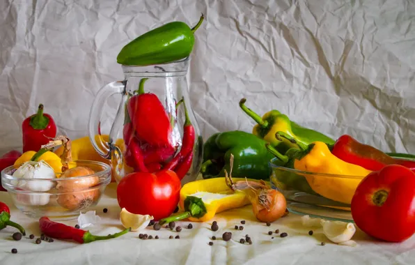 Bow, pepper, still life, vegetables, tomatoes