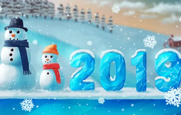 Picture figures, snowmen, snowman, ice, house, new year, hat, winter