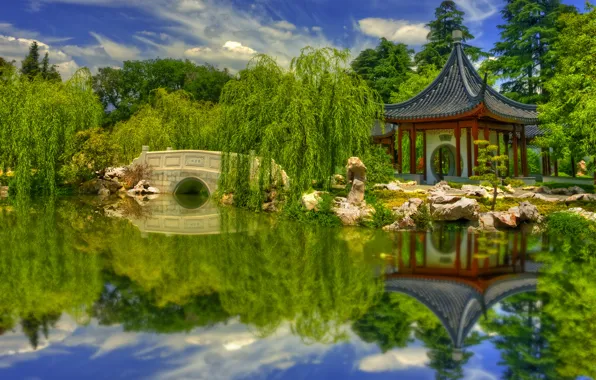 Trees, landscape, pond, Park, reflection, stones, pagoda, USA