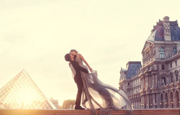 Love, woman, building, Paris, kiss, dress, pair, male