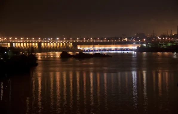 Night, lights, dam, Zaporizhia