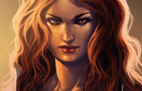 Girl, face, art, red, curls, Guild Wars, Rivka