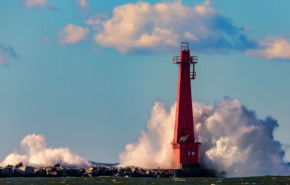 Wave, squirt, storm, lighthouse, Michigan, USA, Beachwood-Bluffton, Muskegon