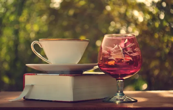 Glass, mug, book, saucer, bookmark