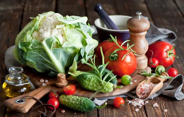 Oil, still life, vegetables, tomatoes, cabbage, cucumbers