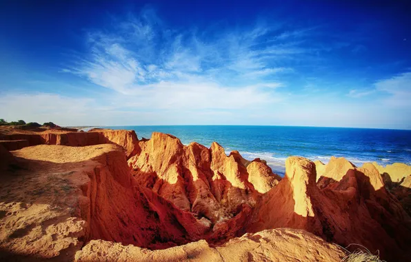 Sea, beach, clouds, rocks, horizon, Brazil, blue sky, Ceará
