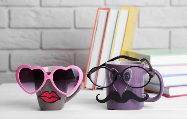Picture books, coffee, glasses, mug, cup, lips, funny, glasses