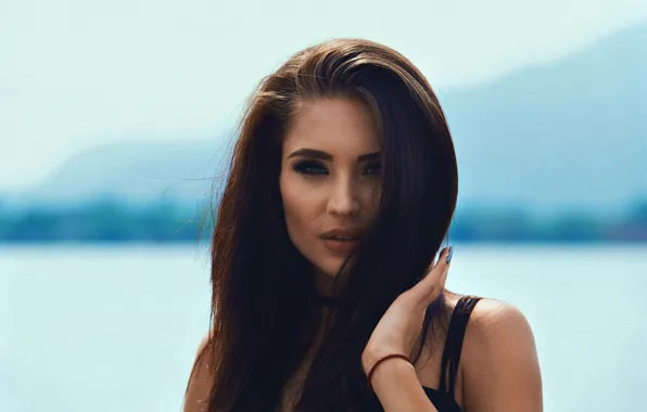 Girl, landscape, background, portrait, makeup, brunette, hairstyle, beauty