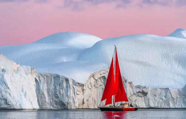 Ice, yacht, iceberg, scarlet sails, Greenland, Greenland, Disko Bay, Disko Bay