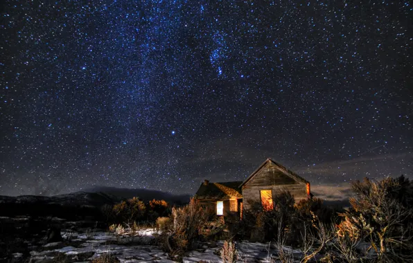 Picture space, stars, light, snow, hills, field, Windows, home