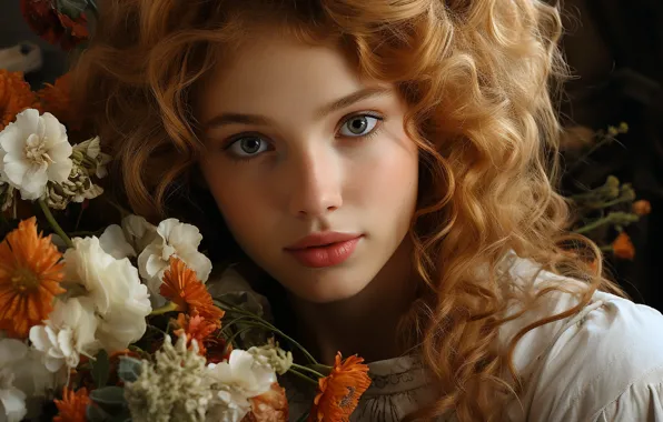 Picture look, girl, flowers, pose, portrait, AI art, neural network
