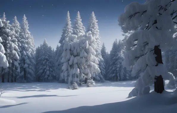 Frost, forest, the sky, stars, light, snow, trees, branches