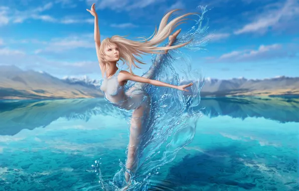 Picture the sky, water, girl, lake, magic