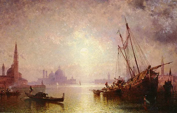 Sea, sunset, boat, picture, the evening, Venice, channel, gondola