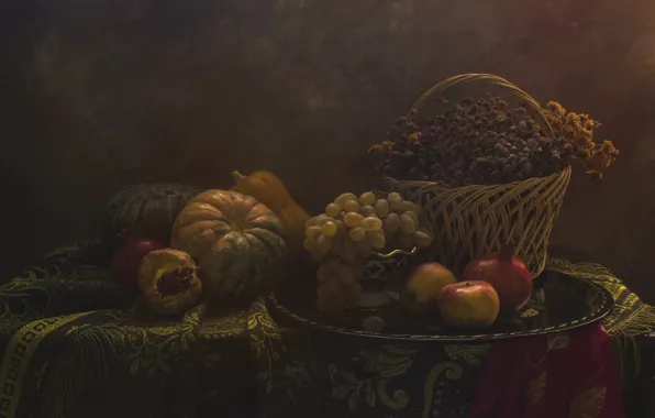 Flowers, table, apples, bouquet, grapes, pumpkin, fabric, fruit