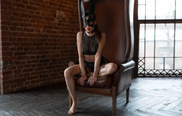 Look, sexy, pose, wall, model, panties, brick, chair