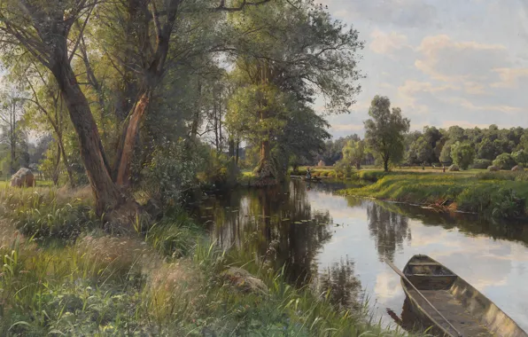 Nature, river, boat, picture, Peter Merk Of Menstad, Peder Mørk Mønsted, Summer Landscape