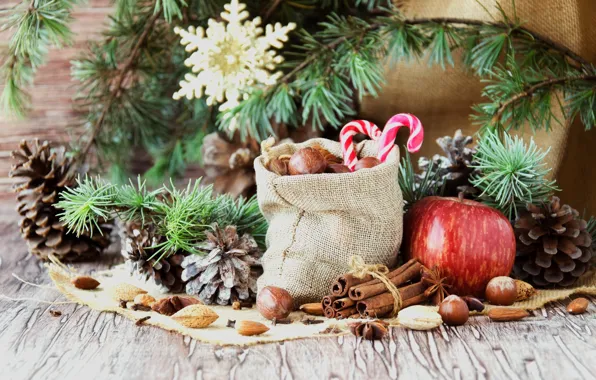 Picture branches, holiday, new year, Apple, Christmas, candy, nuts, cinnamon